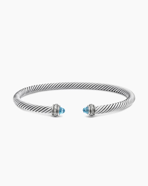 Womens Classic Cable Bracelet in Sterling Silver with Blue Topaz and Diamonds, 4mm
