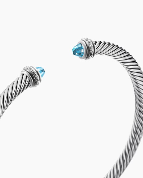 Womens Classic Cable Bracelet in Sterling Silver with Blue Topaz and Diamonds, 4mm