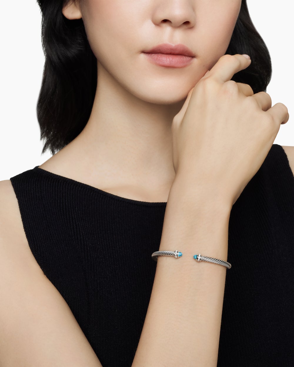Womens Classic Cable Bracelet in Sterling Silver with Diamonds, 4mm
