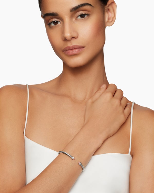 Classic Cable Bracelet in Sterling Silver with Morganite and Diamonds, 4mm