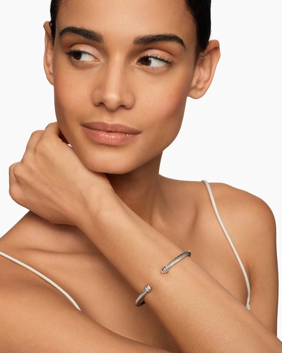 Bracelet Cable classique en argent massif avec morganite et diamants, 4 mm
