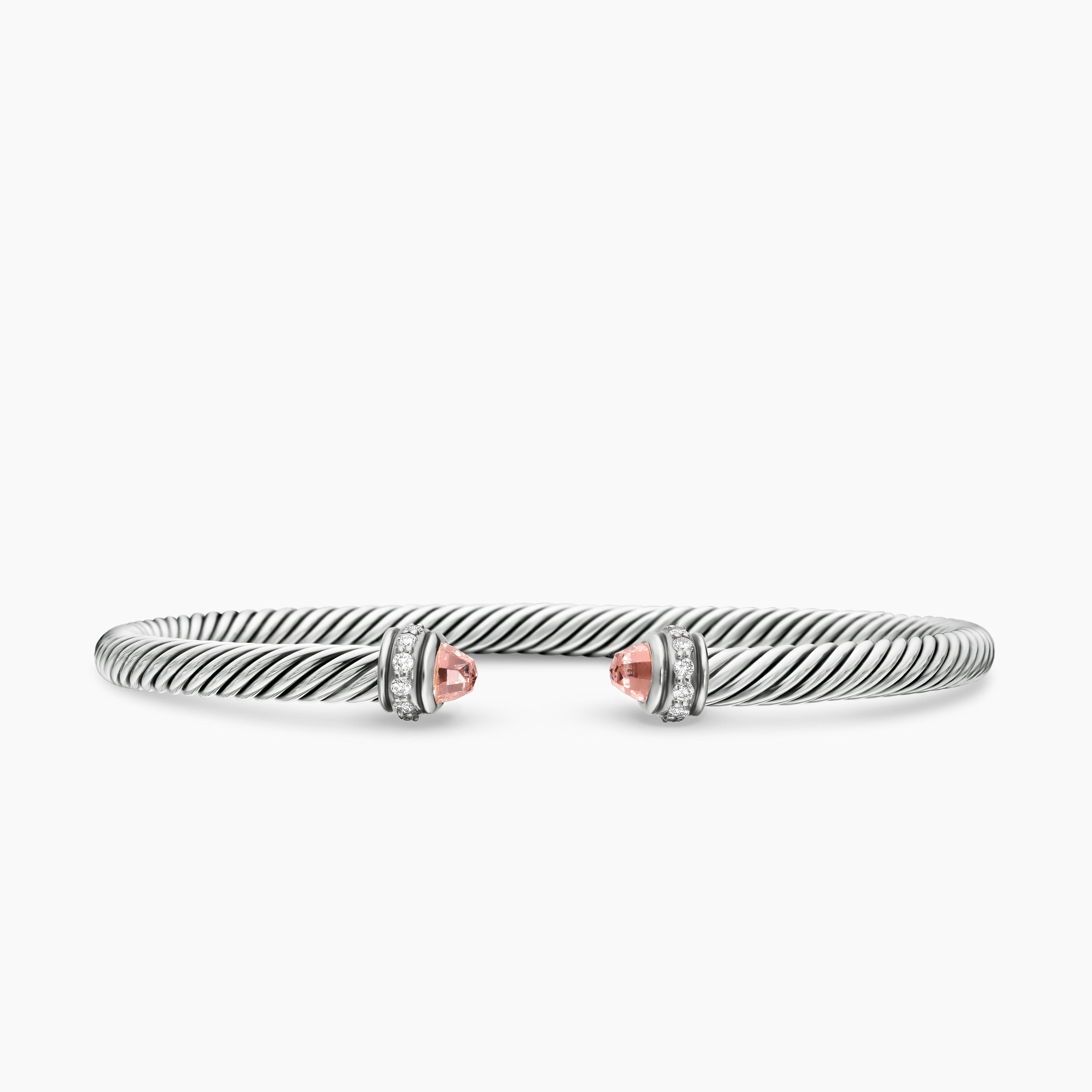 Womens Classic Cable Bracelet in Sterling Silver with Morganite and Diamonds, 4mm
