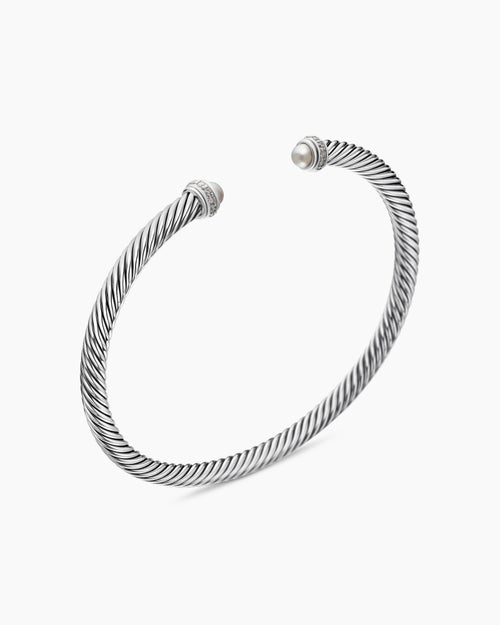 Womens Classic Cable Bracelet in Sterling Silver with Pearls and Diamonds, 4mm