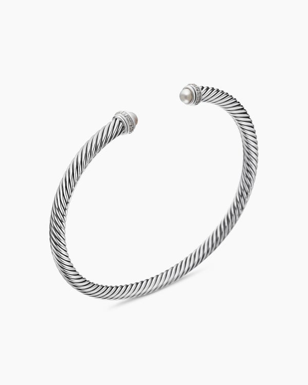 Classic Cable Bracelet in Sterling Silver with Pearls and Diamonds, 4mm