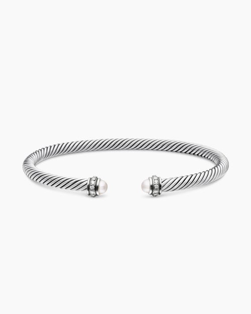 Womens Classic Cable Bracelet in Sterling Silver with Pearls and Diamonds, 4mm