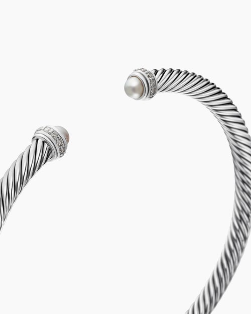 Womens Classic Cable Bracelet in Sterling Silver with Pearls and Diamonds, 4mm
