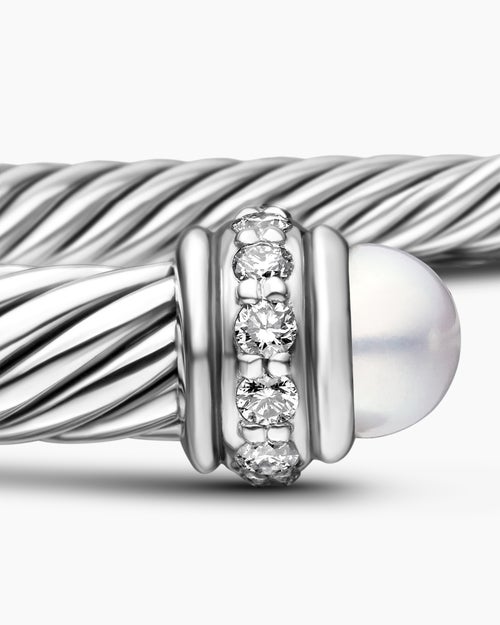 Womens Classic Cable Bracelet in Sterling Silver with Pearls and Diamonds, 4mm