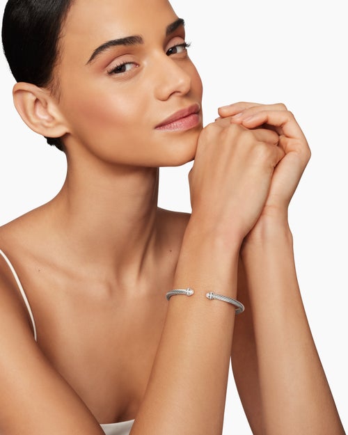 Womens Classic Cable Bracelet in Sterling Silver with Diamonds, 4mm