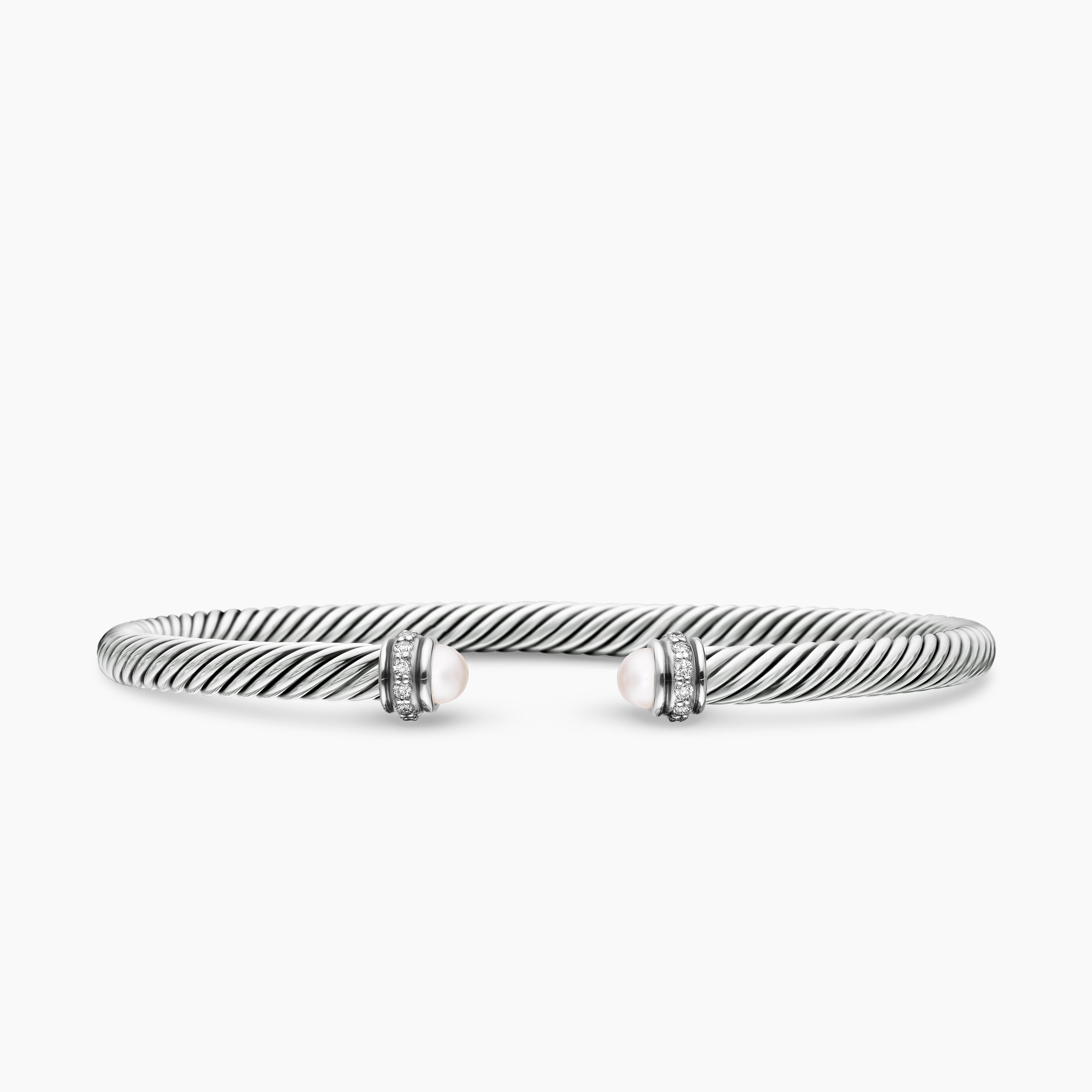 Womens Classic Cable Bracelet in Sterling Silver with Diamonds, 4mm