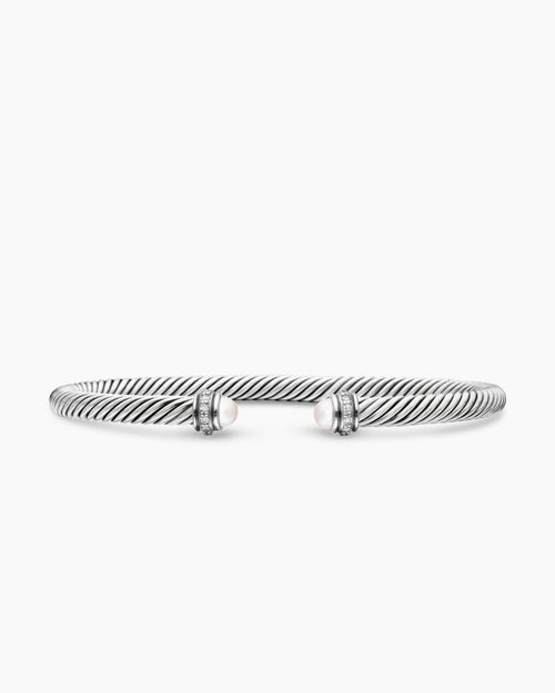 Womens Classic Cable Bracelet in Sterling Silver with Pearls and Diamonds, 4mm