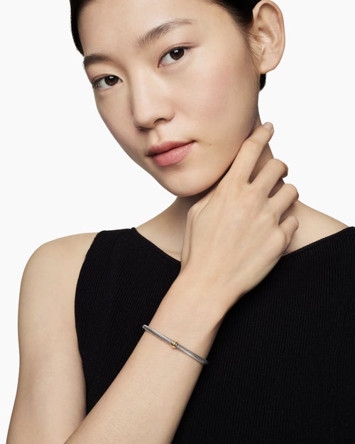 Womens Classic Cable Station Bracelet in Sterling Silver with 18K Yellow Gold, 4mm