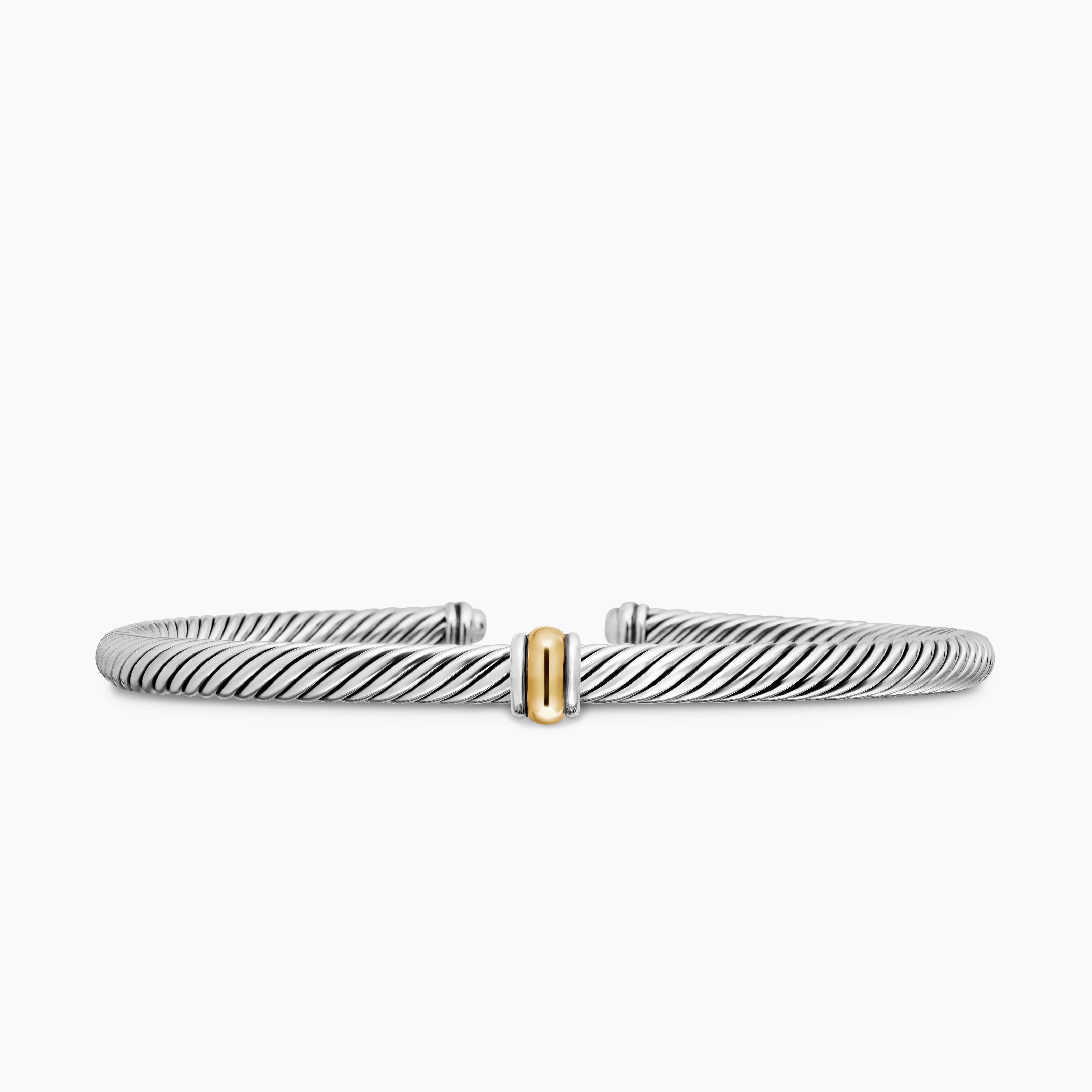 Womens Classic Cable Station Bracelet in Sterling Silver with 18K Yellow Gold, 4mm