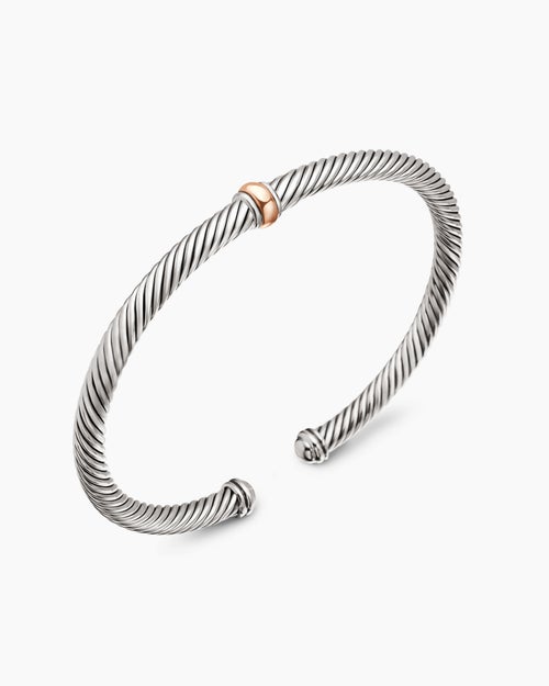 Womens Classic Cable Station Bracelet in Sterling Silver with 18K Rose Gold, 4mm