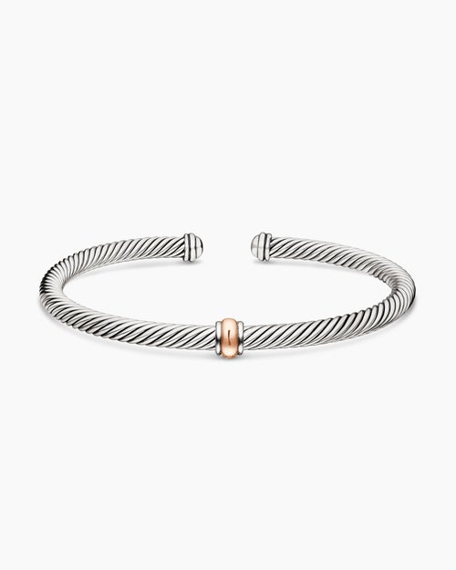Womens Classic Cable Station Bracelet in Sterling Silver with 18K Rose Gold, 4mm
