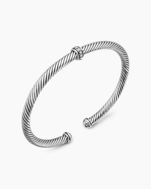Womens Classic Cable Station Bracelet in Sterling Silver with Diamonds, 4mm