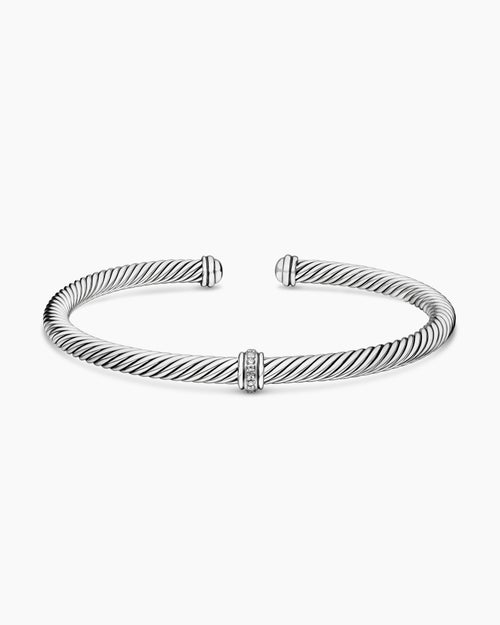 Womens Classic Cable Station Bracelet in Sterling Silver with Diamonds, 4mm