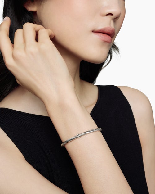 Womens Classic Cable Station Bracelet in Sterling Silver with Diamonds, 4mm