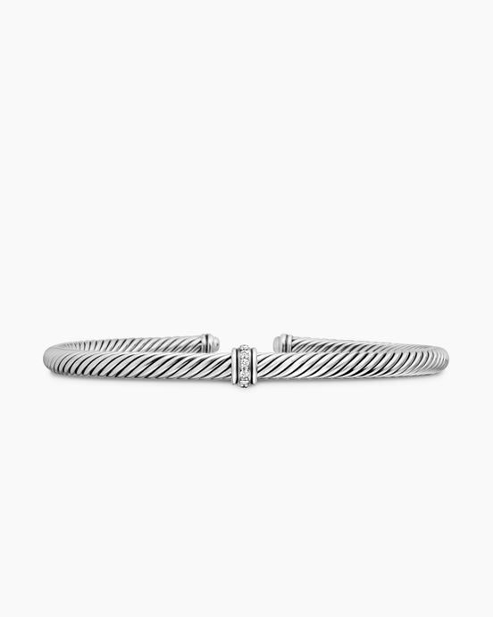 Classic Cable Station Bracelet in Sterling Silver with Diamonds, 4mm