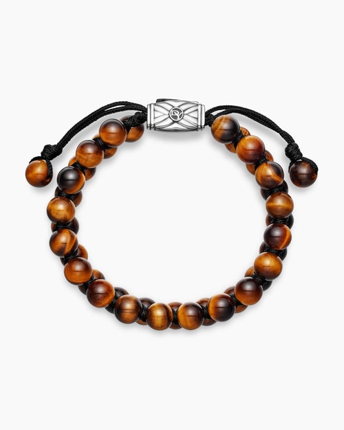 Mens Spiritual Beads Two Row Woven Bracelet in Sterling Silver with Tiger’s Eye, 8mm