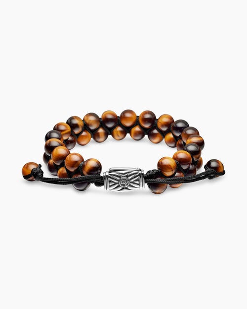 Mens Spiritual Beads Two Row Woven Bracelet in Sterling Silver with Tiger’s Eye, 8mm