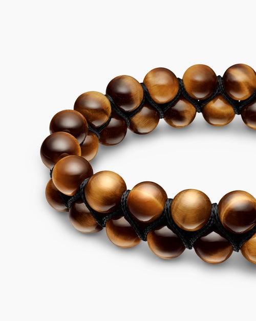 Mens Spiritual Beads Two Row Woven Bracelet in Sterling Silver with Tiger’s Eye, 8mm