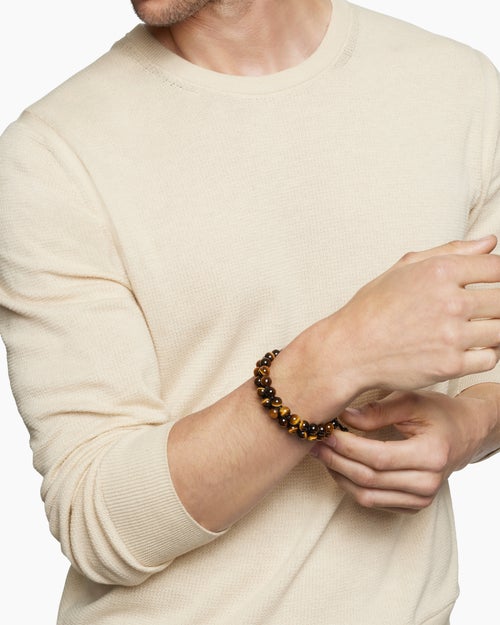 Mens Spiritual Beads Two Row Woven Bracelet in Sterling Silver with Tiger’s Eye, 8mm