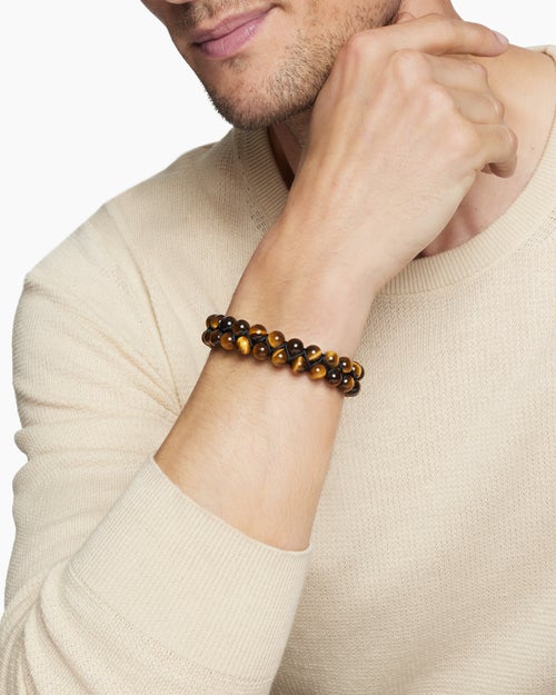 Mens Spiritual Beads Two Row Woven Bracelet in Sterling Silver with Tiger’s Eye, 8mm