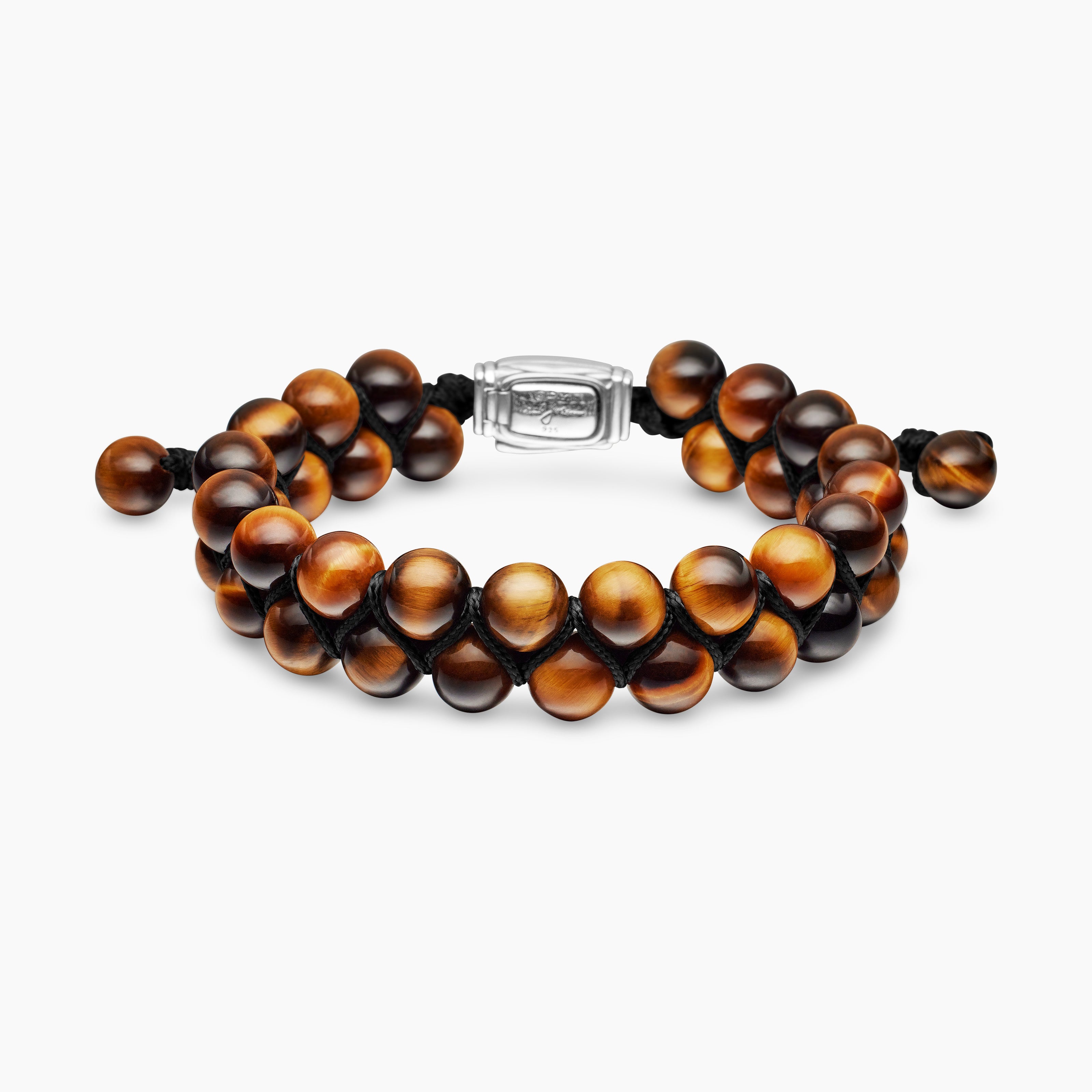 Mens Spiritual Beads Two Row Woven Bracelet in Sterling Silver with Tiger&rsquo;s Eye, 8mm