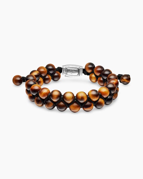 Mens Spiritual Beads Two Row Woven Bracelet in Sterling Silver with Tiger’s Eye, 8mm