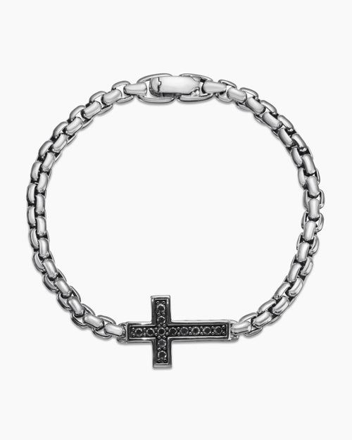 Mens Cross Station Bracelet in Sterling Silver with Black Diamonds, 5mm