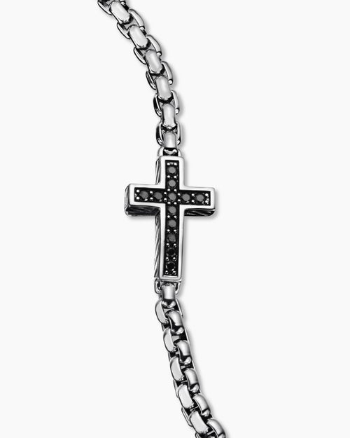 Mens Cross Station Bracelet in Sterling Silver with Black Diamonds, 5mm