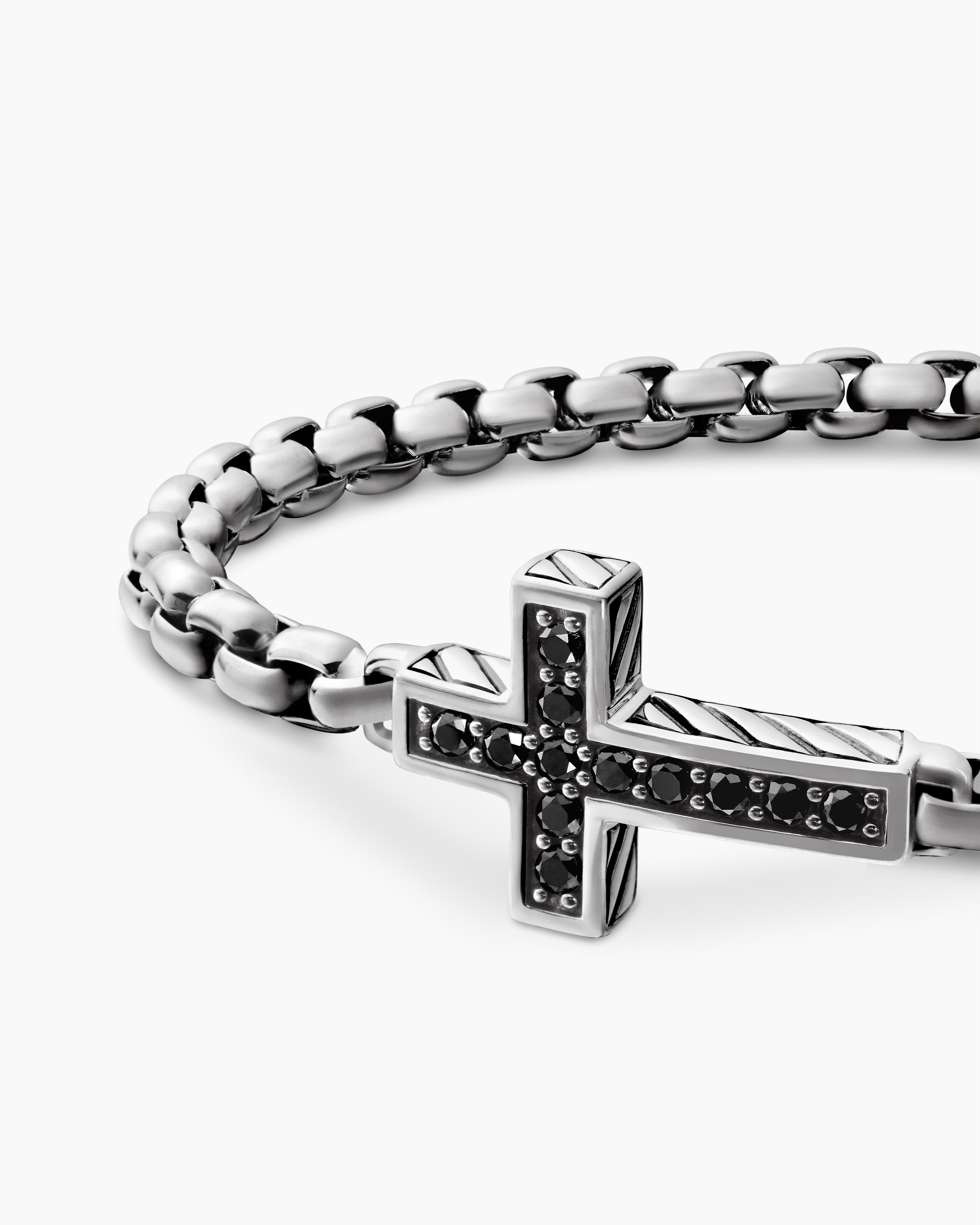 Mens Black Silver Stainless Steel English Prayer Cross Mesh Bracelet – Adjustable Bangle, Religious Theme