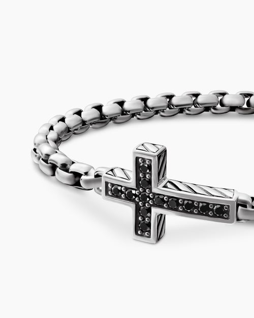 Mens Cross Station Bracelet in Sterling Silver with Black Diamonds, 5mm