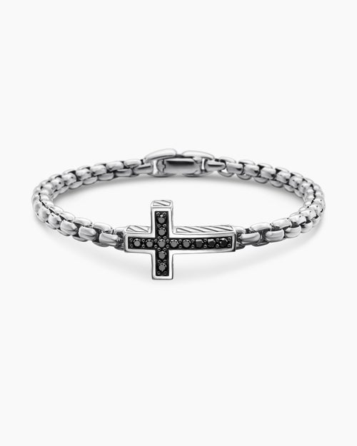 Mens Cross Station Bracelet in Sterling Silver with Black Diamonds, 5mm