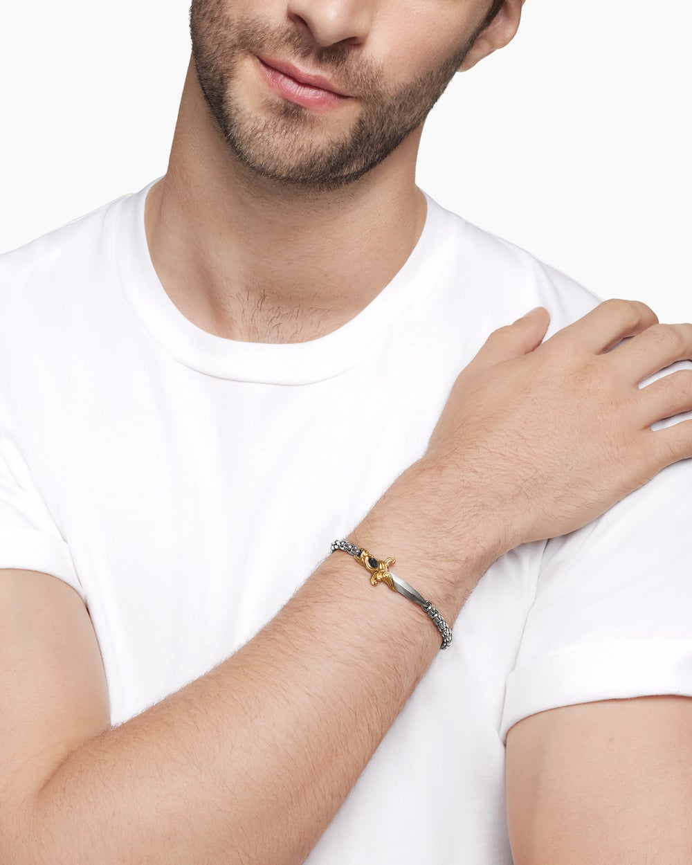 Mens Waves Dagger Bracelet in Sterling Silver with 18ct Yellow Gold, 5mm