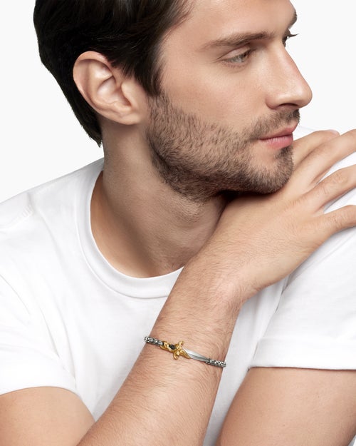 Mens Waves Dagger Bracelet in Sterling Silver with 18K Yellow Gold, 5mm