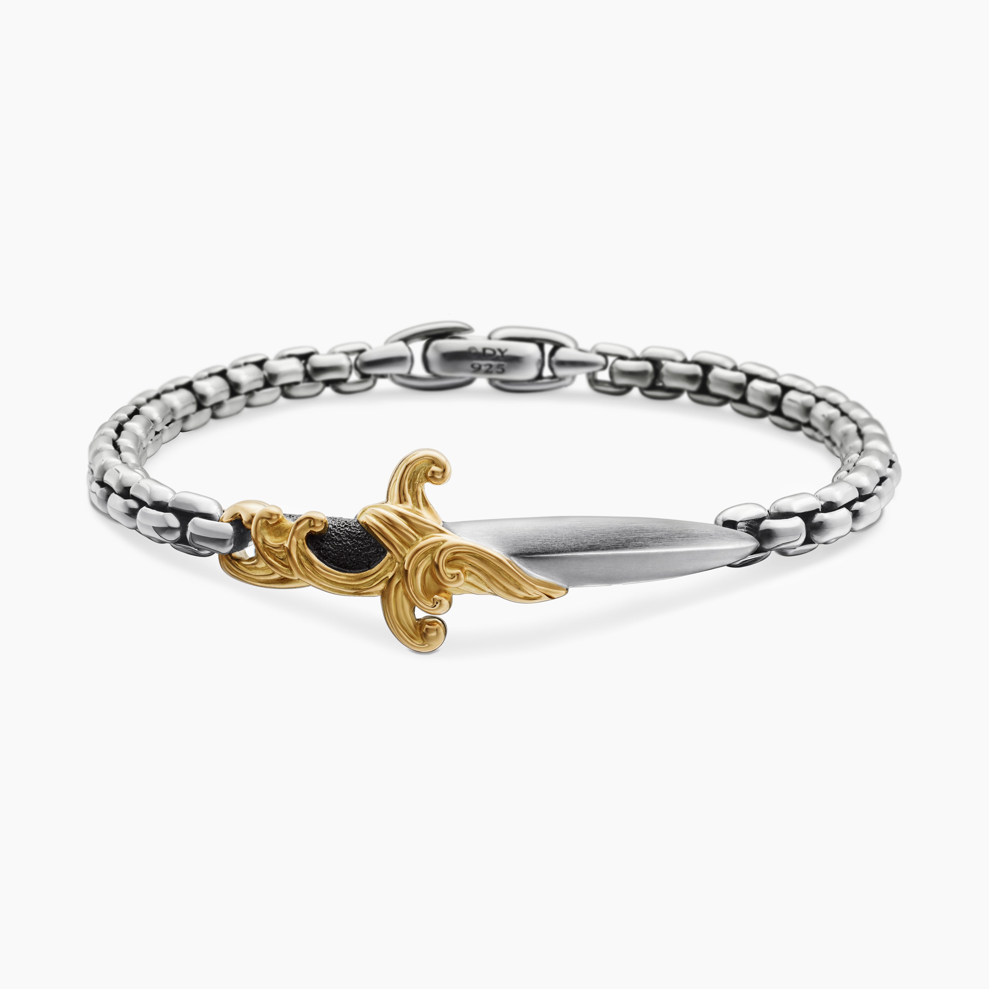 Mens Waves Dagger Bracelet in Sterling Silver with 18K Yellow Gold, 5mm