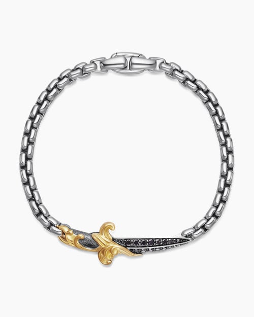 Mens Waves Dagger Bracelet in Sterling Silver with 18K Yellow Gold and Black Diamonds, 5mm