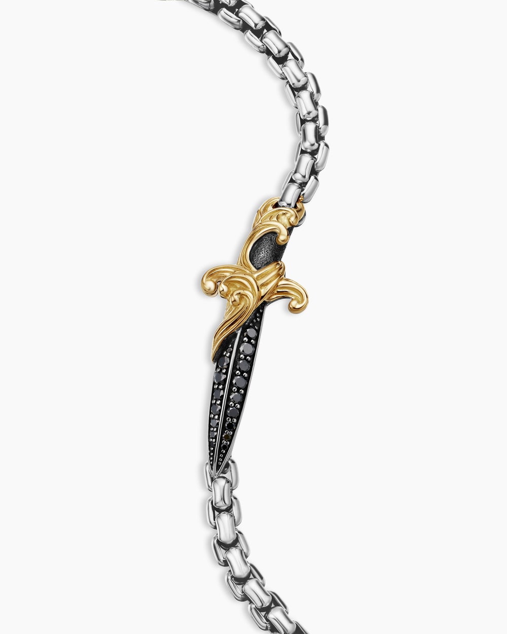 Mens Waves Dagger Bracelet in Sterling Silver with 18ct Yellow Gold and Black Diamonds, 5mm
