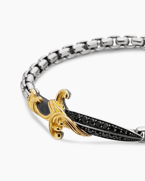 Mens Waves Dagger Bracelet in Sterling Silver with 18K Yellow Gold and Black Diamonds, 5mm