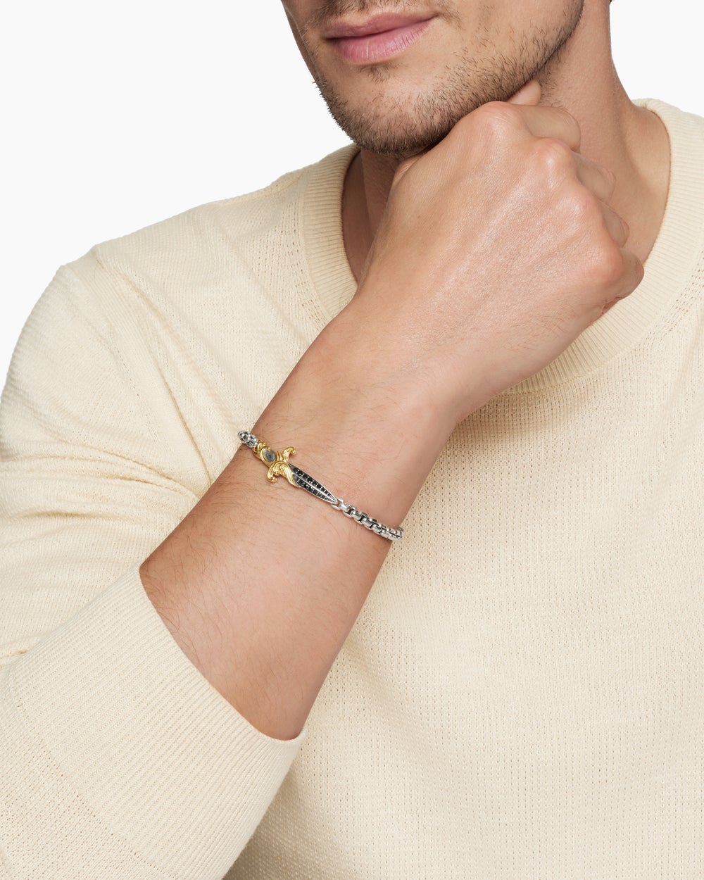 Mens Waves Dagger Bracelet in Sterling Silver with 18ct Yellow Gold and Black Diamonds, 5mm
