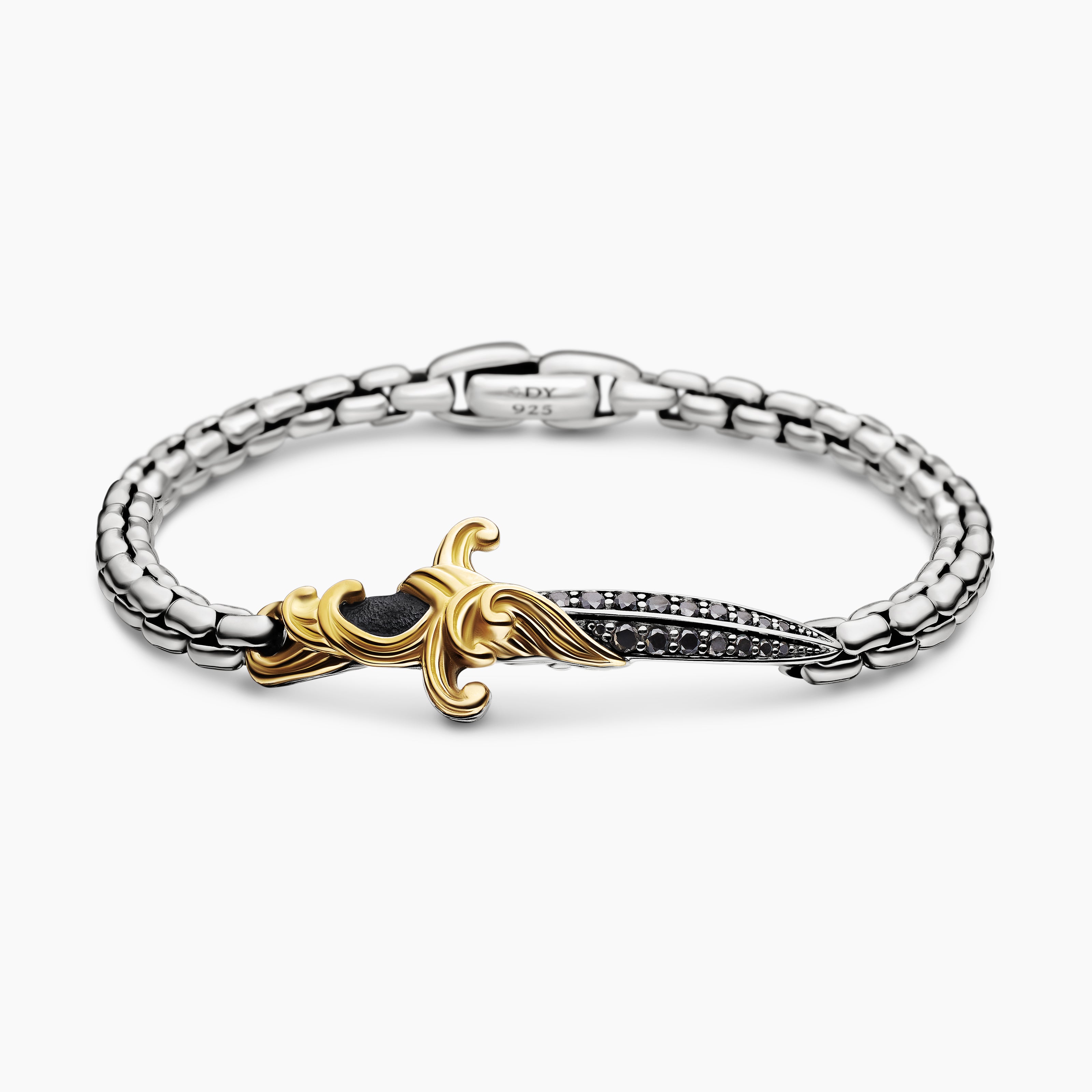 Mens Waves Dagger Bracelet in Sterling Silver with 18K Yellow Gold, 5mm