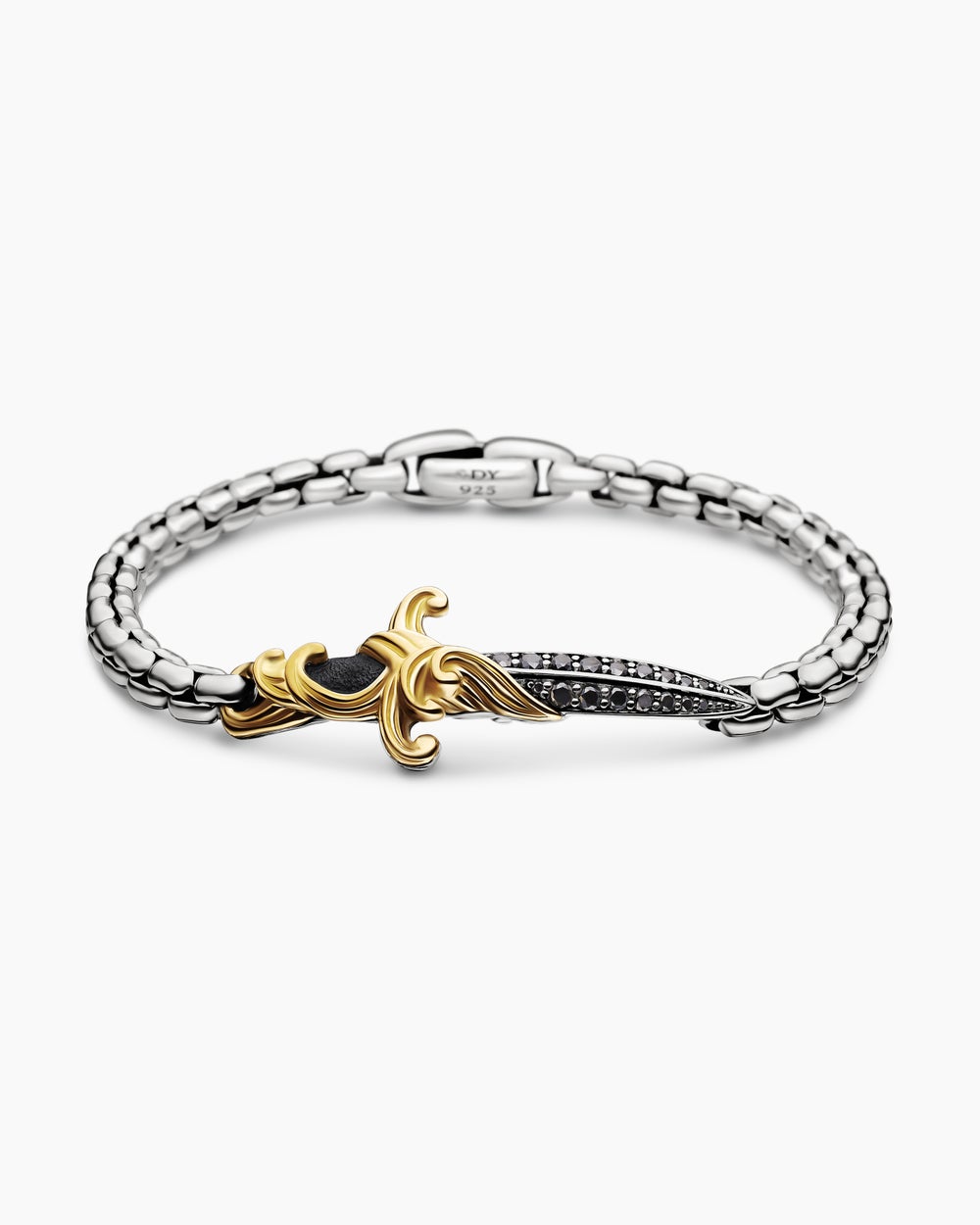 Mens Waves Dagger Bracelet in Sterling Silver with 18ct Yellow Gold and Black Diamonds, 5mm