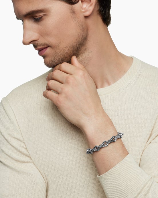 Faceted Link Bracelet in Sterling Silver with Black Diamonds, 12.5mm
