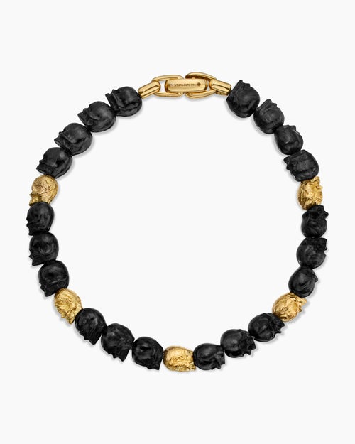 Mens Memento Mori Skull Bracelet in 18K Yellow Gold with Forged Carbon, 6mm