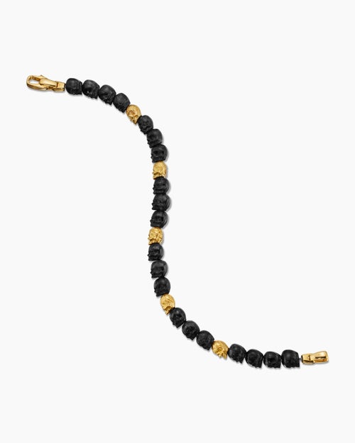 Mens Memento Mori Skull Bracelet in 18K Yellow Gold with Forged Carbon, 6mm