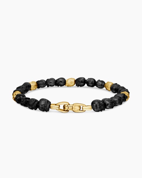 Mens Memento Mori Skull Bracelet in 18K Yellow Gold with Forged Carbon, 6mm