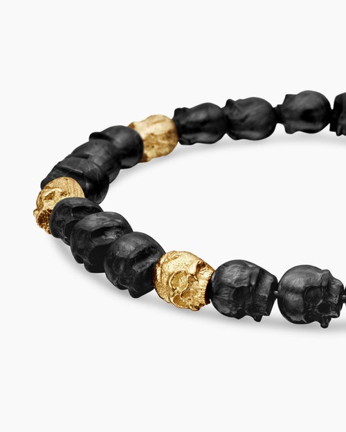 Mens Memento Mori Skull Bracelet in 18K Yellow Gold with Forged Carbon, 6mm