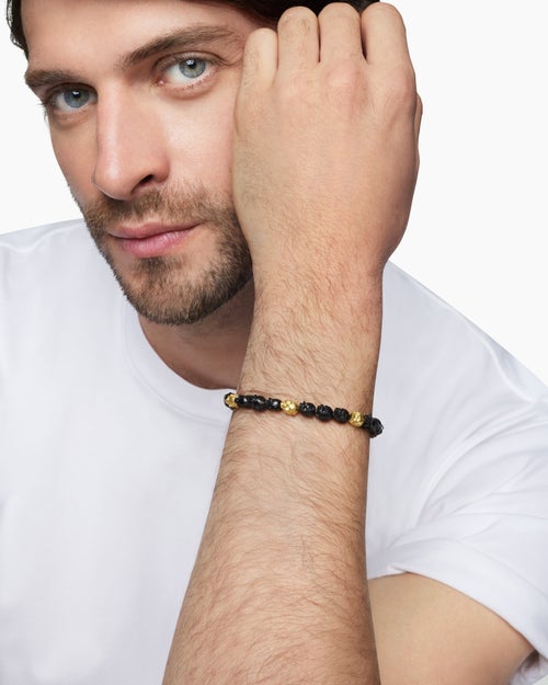 Mens Memento Mori Skull Bracelet in 18K Yellow Gold with Forged Carbon, 6mm