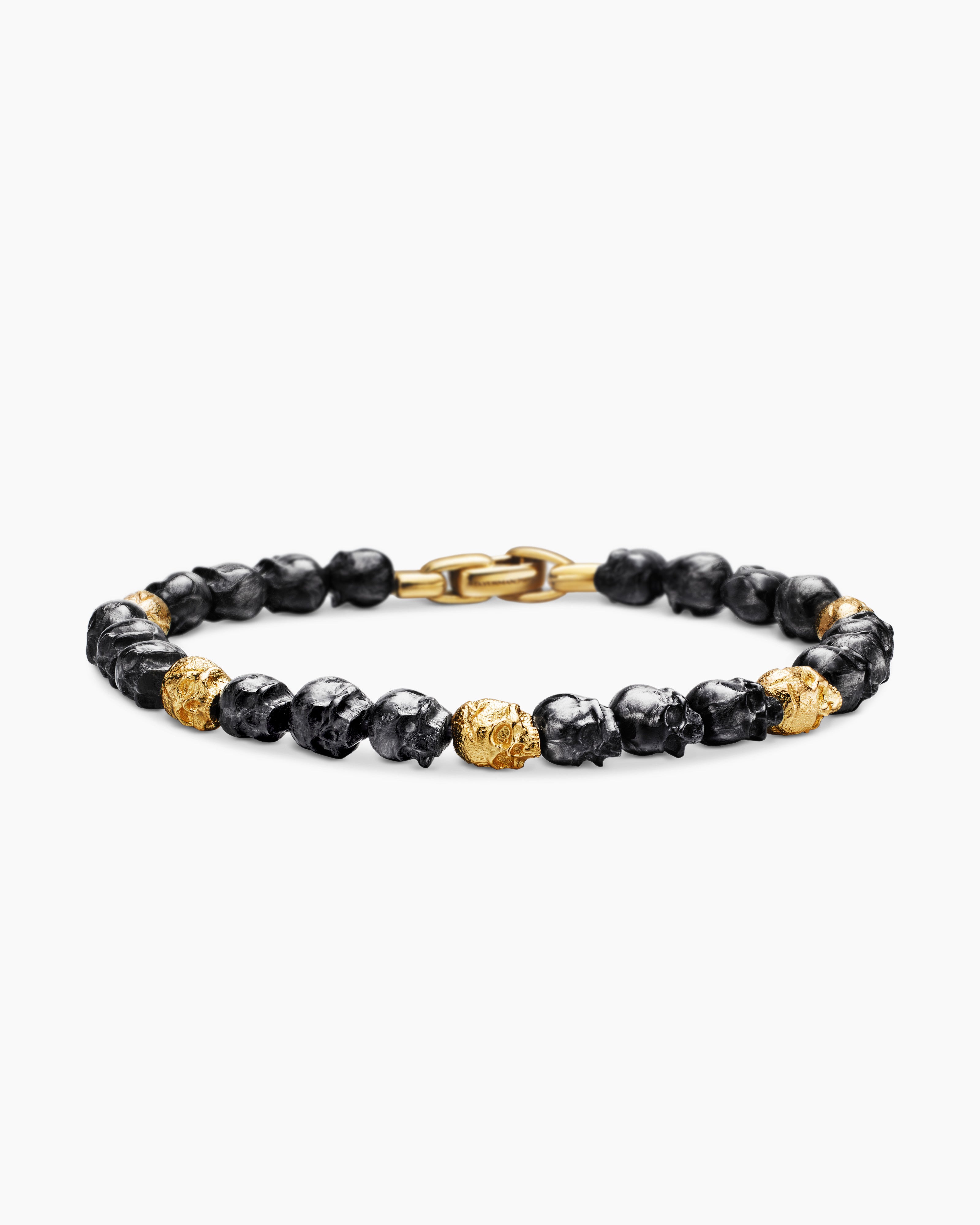 Memento Mori Skull Bracelet in 18K Yellow Gold with Forged Carbon, 6mm